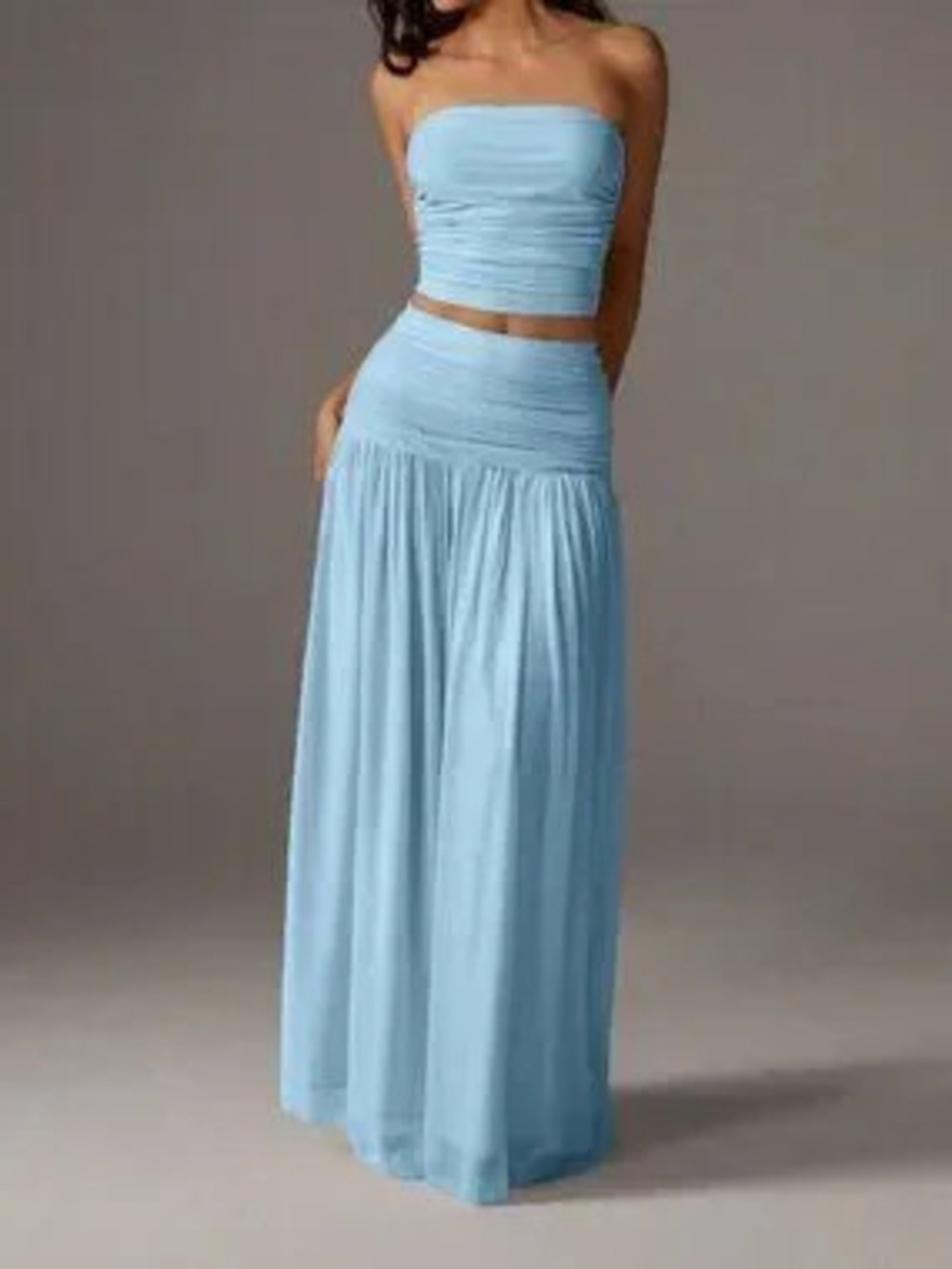 Baby Blue Romantic Mesh Women's Bandeau Top with High Waist Ruched Maxi Skirt